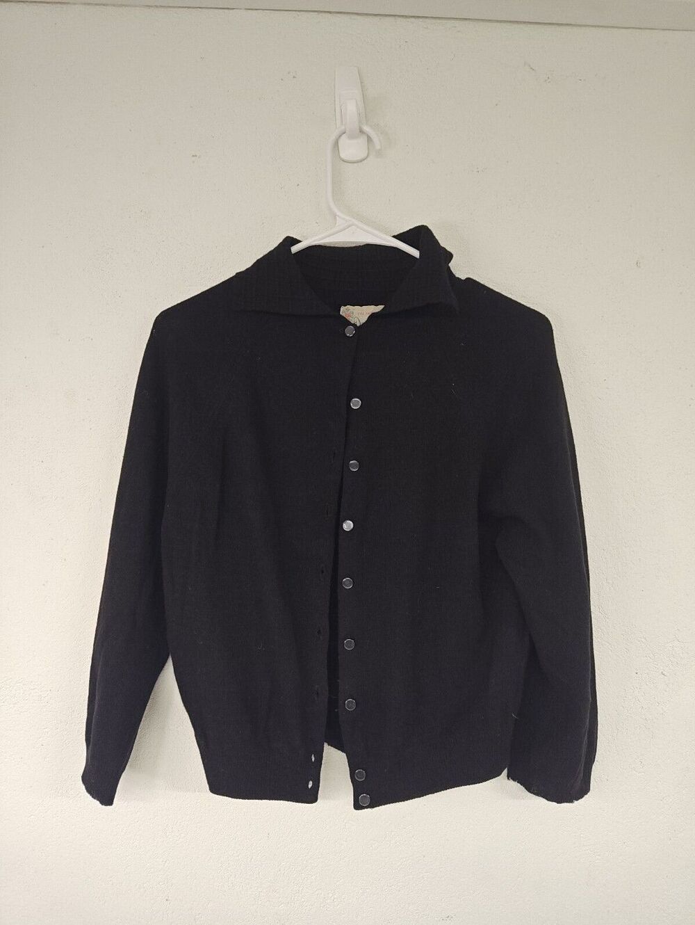 Vintage 1950s Downen Ltd Black Knit Cardigan Sweater Jacket Collared Snap Front